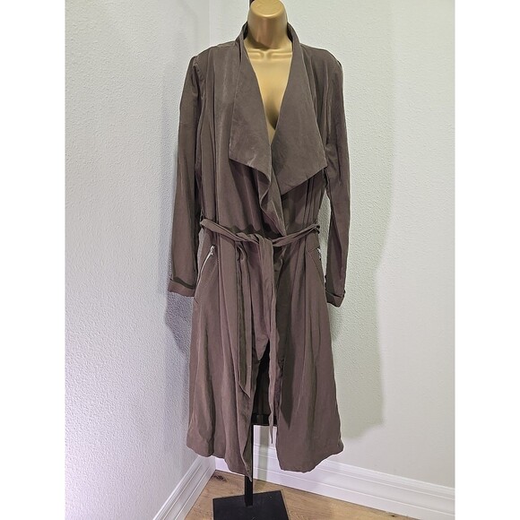 Express Duster Coat Olive Green Womens L Trench Belted Slouchy Grunge Lagenlook - Picture 2 of 7